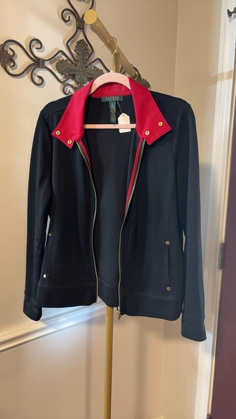 LAUREN RALPH LAUREN Petite Black Red Cotton Moto Jacket